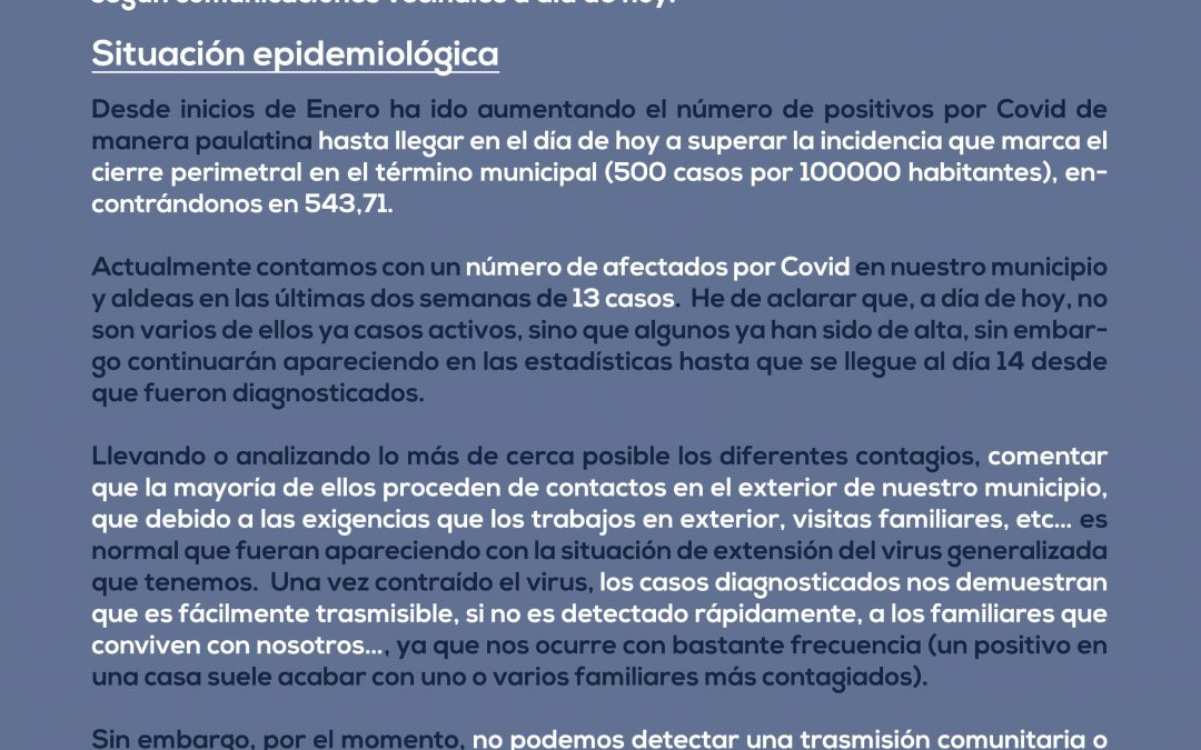 Evolución epidemiológica a 25 de enero 2021 y cierre perimetral de Almedinilla