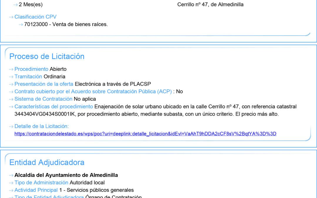 Anuncio enajenación mediante subasta del solar en C/Cerrillo 47